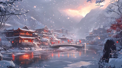 Snowlit riverside lantern town glows beneath winter dusk