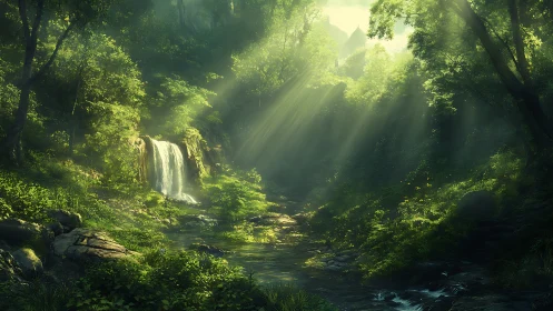 Forest Stream with Waterfall and Misty Sunlight