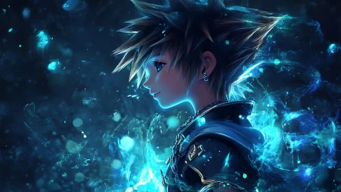 Blue-lit anime hero stands within swirling ethereal energy.