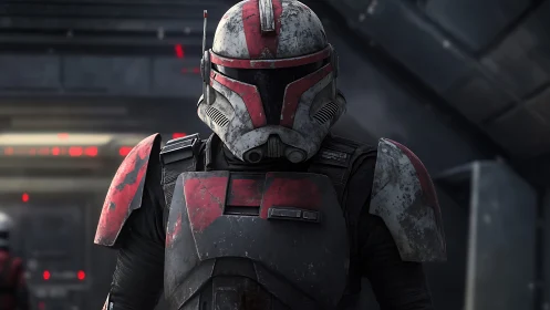 Armored sci fi soldier in worn red and white combat gear.