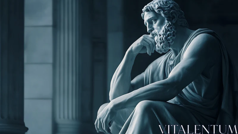 Stone figure in contemplative pose sits before fluted columns