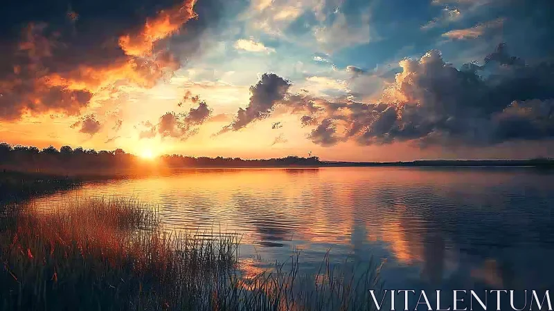 Sunset chorus ignites the lake beneath painted storm clouds.