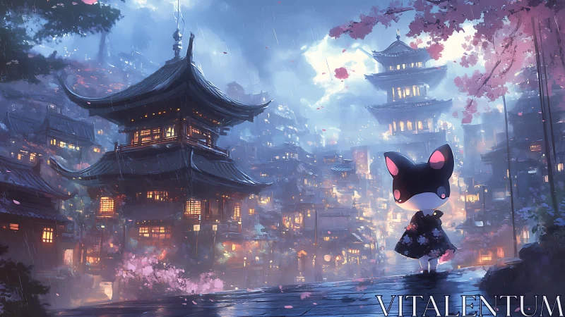 Nighttime sakura rain over neon-lit pagoda cityscape vista