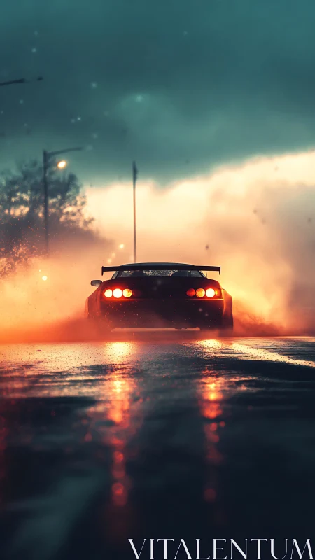 Rear view of sports car on wet road under stormy sky.
