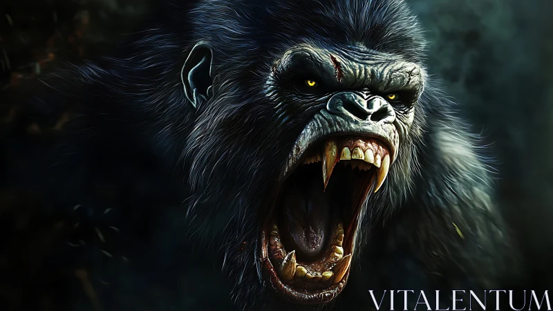 Ferocious giant ape roaring with bared fangs in darkness.