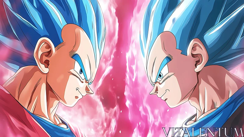 Blue-haired anime warriors in mirrored power confrontation.