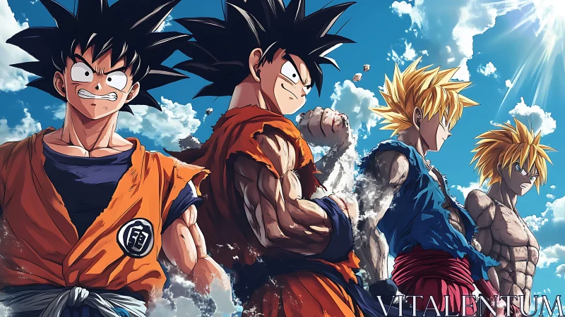 Anime character evolution lineup in dynamic heroic profile.