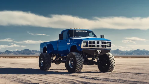 Bold blue lifted truck stands proudly on a wide desert plain