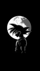Silhouetted anime warrior stands against luminous full moon.