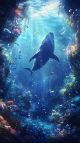 Gentle whale drifting through a glowing underwater garden.