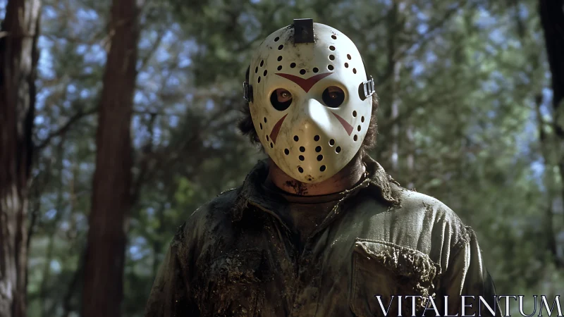 Masked figure in worn clothing standing in forest setting.