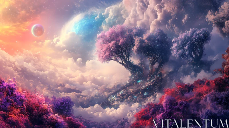 Nebula forest rises through glowing clouds toward distant worlds.