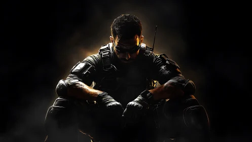 Tactical soldier crouches in shadow with golden backlight.