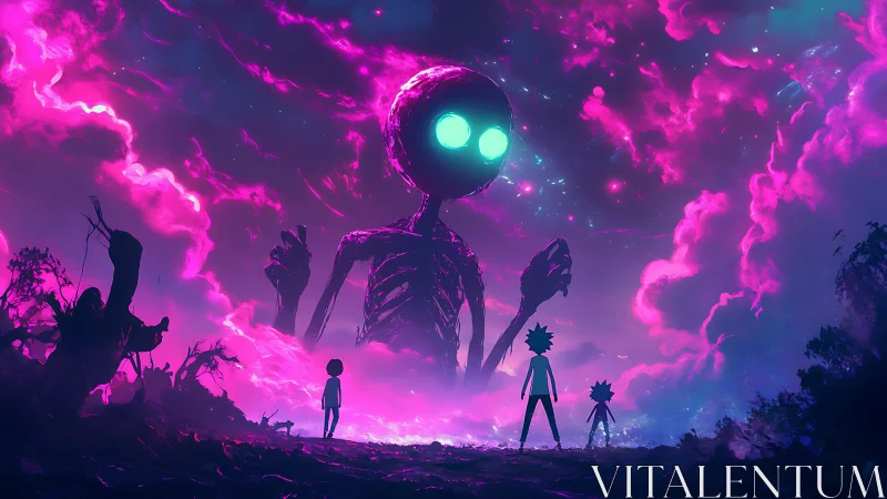 Glowing cosmic giant greeting three tiny wanderers at dusk.