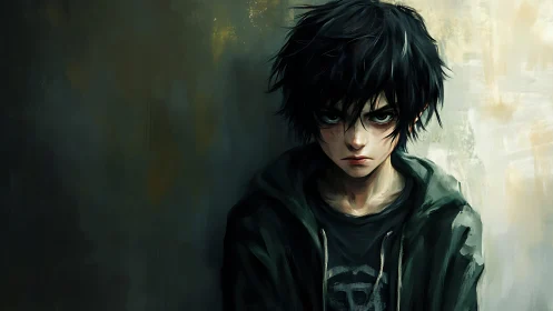 Brooding teen in a hoodie against a moody painted wall.