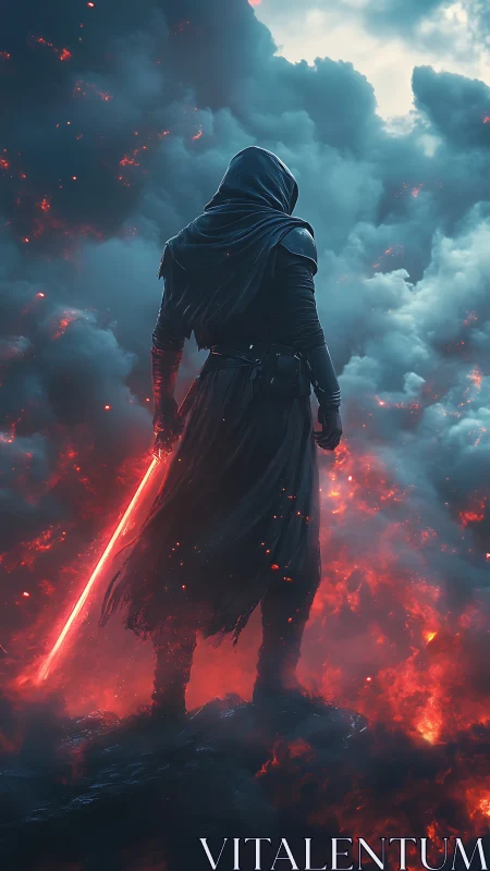 Hooded warrior holds red energy sword over fiery ground.