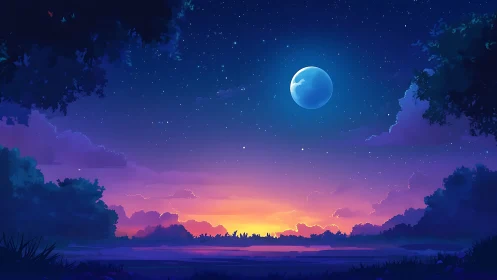 Twilight lagoon under storybook moon and cotton candy sky.