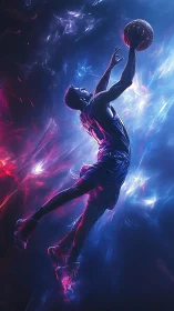 Basketball player soars through neon cosmic energy field.