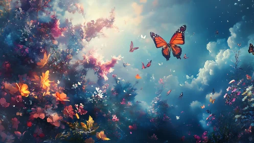 Luminous monarch butterflies over ethereal twilight wildflower meadow