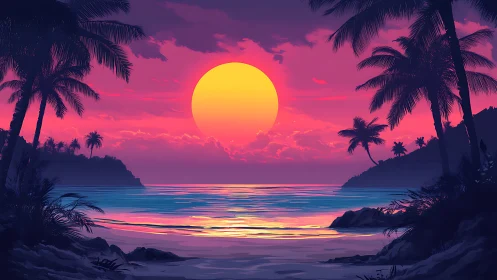 Tropical shoreline under stylized sunset with palm silhouettes.