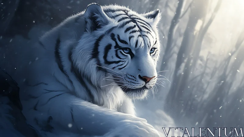 White tiger rests in a diffuse, snow-covered forest environment