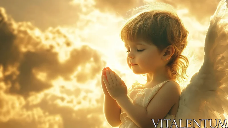 Soft-sky cherub whispers a golden prayer to the clouds