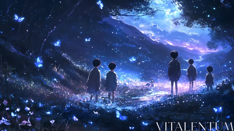 Children observe bioluminescent butterflies in a twilight valley