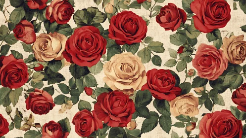 Vintage garden of red and blush roses in gentle bloom.