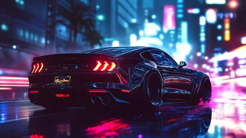 Cyberpunk muscle car in neon-soaked nocturnal streetscape.