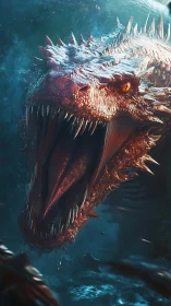 Massive aquatic dragon roars underwater with jaws wide open