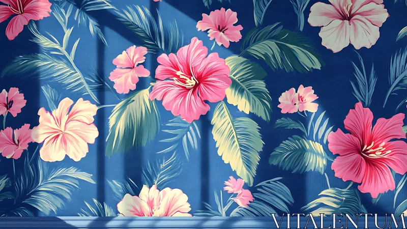 Floral wall pattern with hibiscus and palm foliage design.