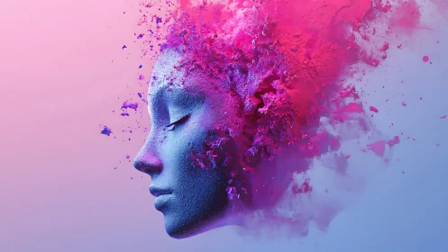 Powder-dispersing 3D head model dissolves into magenta pigment cloud