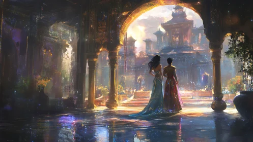 Luminescent royals overlooking iridescent palace cityscape.
