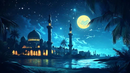 Mosque complex under full moon beside river at night