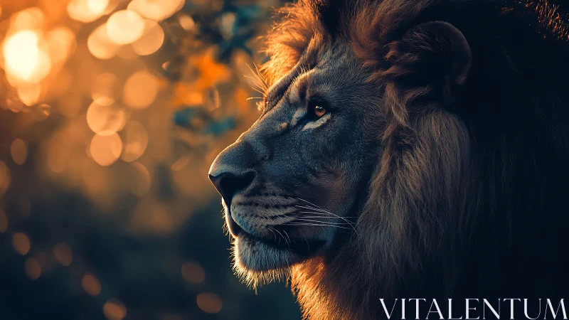 Backlit lion profile rendered with shallow depth and warm bokeh