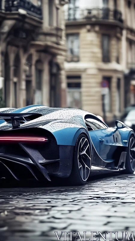 Blue hypercar glides through wet cobblestone city street.