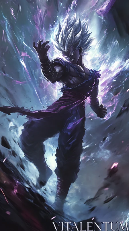 Silver‑haired warrior channels explosive cosmic energy surge