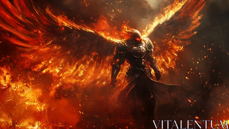 Flaming armored angelic figure stands in dense inferno