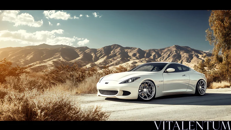 White sports coupe gleams under desert mountain sunlight.