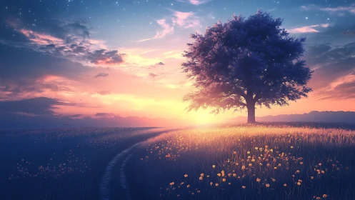 Solitary meadow tree under luminous sunset sky.