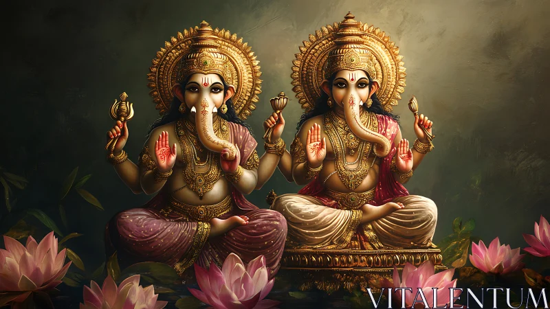Twin Ganesha deities seated on lotus blossoms in harmony.