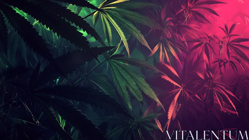 Cannabis leaves glow under split green and magenta lighting