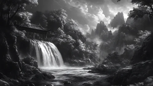 Monochrome mountain waterfall valley with pagoda and atmospheric depth