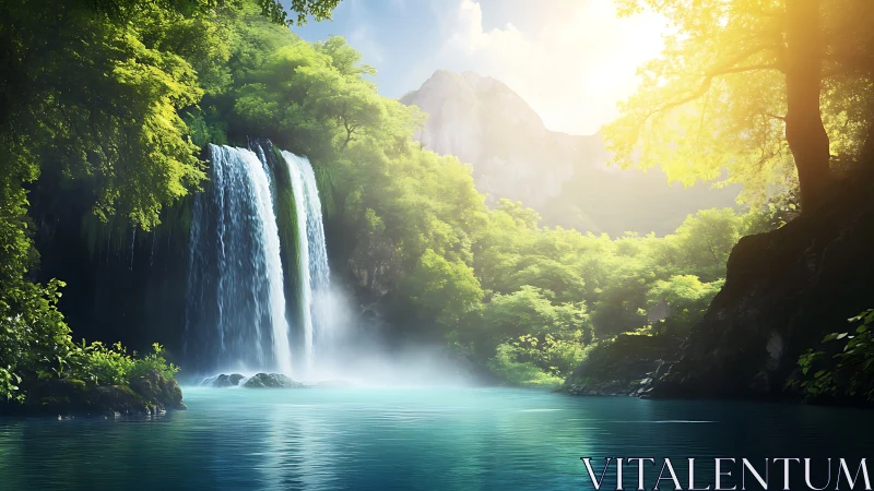 Sunlit forest waterfall inviting you into peaceful escape.
