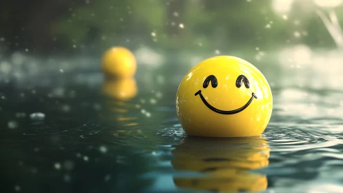 Smiley face sphere floats peacefully on shimmering water.
