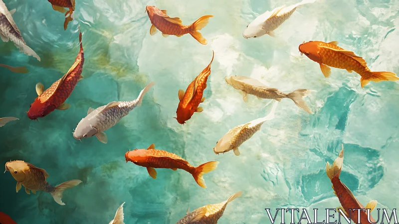 Sunlit koi gliding through tranquil turquoise water.