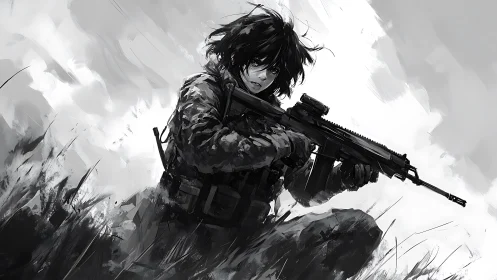Soldier crouches in grass aiming rifle in monochrome art