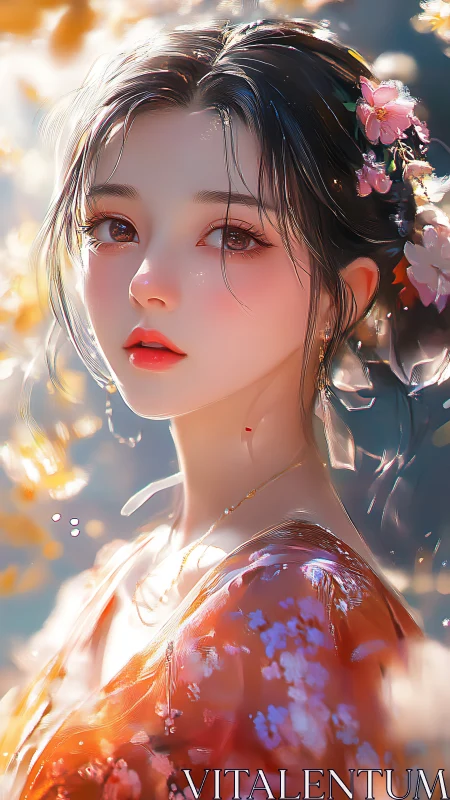 Ethereal kimono portrait in soft bokeh floral illumination.