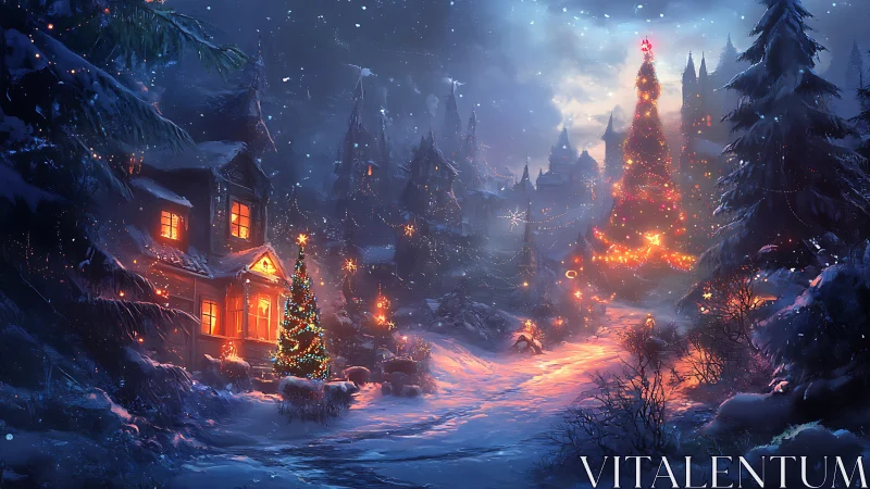 Snowy village glows under towering enchanted Christmas tree.