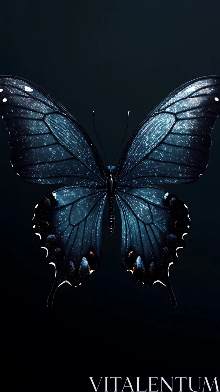Blue butterfly with speckled wings on dark background.